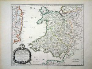 Principaute de Galles: ou sont les Comtés ou Shires de Anglesey I, Carnarvan, Denbigh, Flint, Merioneth, et Mongomery en Nort - Walles; Cardigan, Radnor, Breknock, Glamorgan, Carmarden, et Penbrock en Sout - Walles