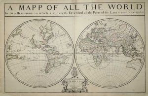 A Mapp of All the World in two Hemispheres in which are exactly Described all the Parts of the Earth and Seas. Described by Sanson, corrected and amended by William Berry