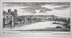 Veue de l'Eglise de St. Jean, et du Pont de la Saone a Lyon/ Veue et Perspective de la Maison de ville de Lion, du coste du Jardin/ Veue du Bastion S. Jean de Pierre en size, et d'une partie de la ville de Lion