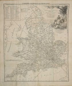 A Map of England and Wales, exhibiting the Roads, Cities, towns and Principal Villages with their Bearing by Compass and Distance from London
