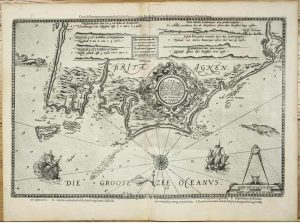 Descriptio maritimae Britanniae, oras maritimas sinus, Insulas et portus inter Rouscoviam et Groyam ... Zee Kaerte van Bretaigne, Inhoudende die zee Custen, Bayen, Eylanden, ende havenen, tusschen Rouscou ende Groye ...