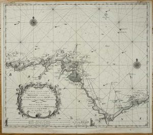 Nouvelle Carte Marine croissante en degrés D'une partie des Côtes maritimes de Bretagne, en tirant de puis Le Cap de Frehel jusqu'aux Sept Iles avec leurs profondeurs et Bans de sable Par N: de Vries Geometra